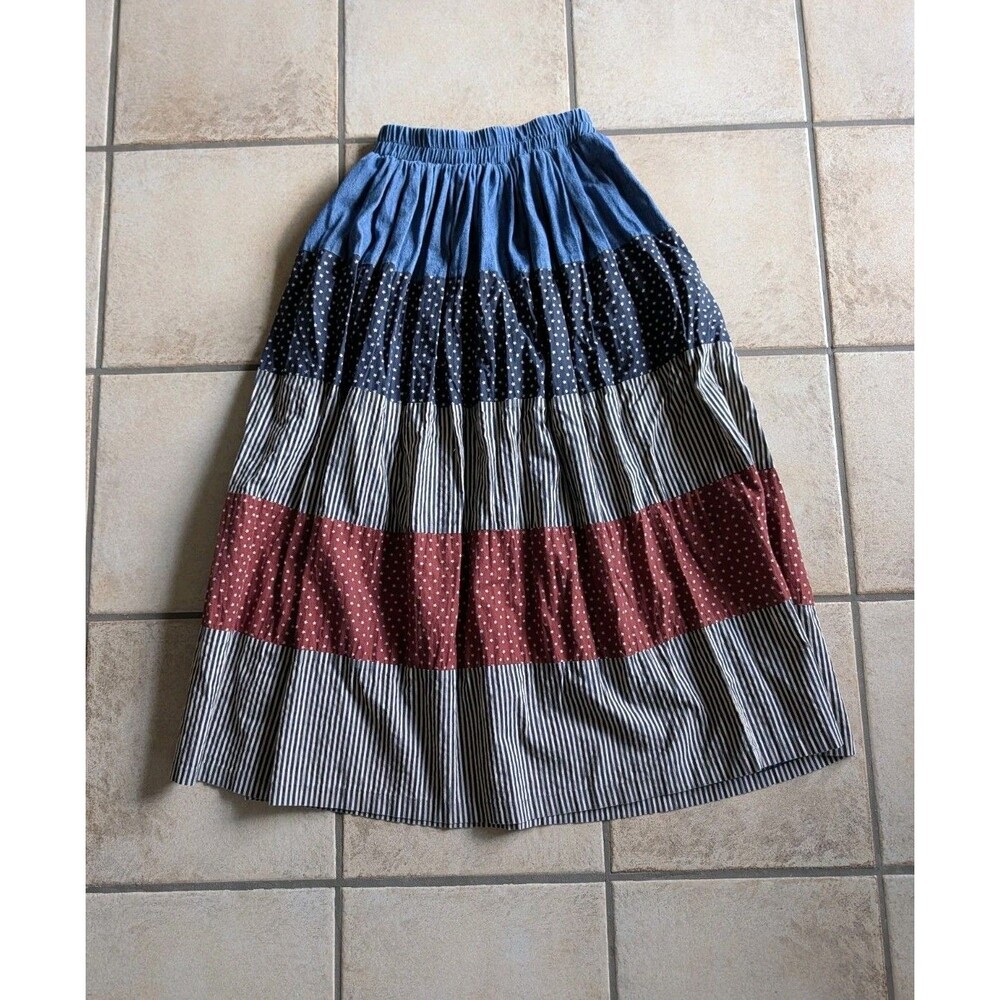 Vintage Medium Country Denim Cotton Skirt Elastic tiered Stars Stripes Rodeo USA